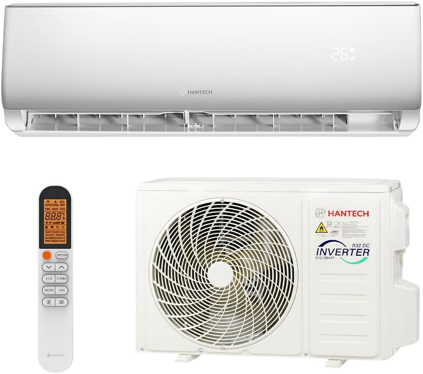 HANTECH Split Klimaanlage 12000 BTU 3,4 kW Inverter Set - Klimagerät mit App-Funktion zum Kühlen und Heizen – Modell Elegant (bis 45m²)
