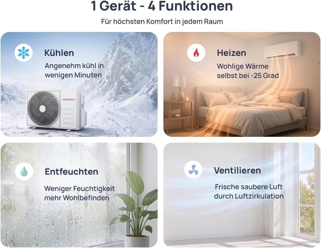 HANTECH A+++ Split Klimaanlage 12000 BTU H-PLUS energiesparender und umweltschonender Betrieb für ganzjährig angenehme Temperaturen, Smart Home kompatibel