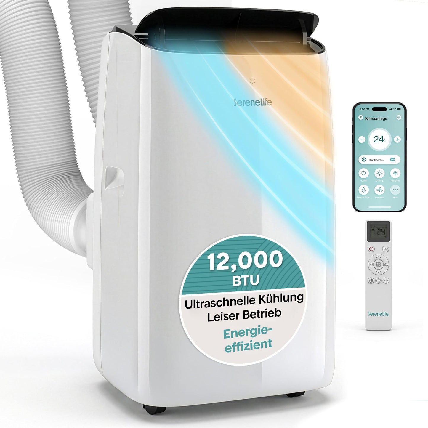 SereneLife Inverter- Klimaanlage Mobil 12000 BTU- mit WLAN, 4 in - Kühlen Heizen Entfeuchten Ventilieren, Klimagerät mit Ablutftschlauch und Fensterkit, Auto- Schwenken, Leise, bis 35m²