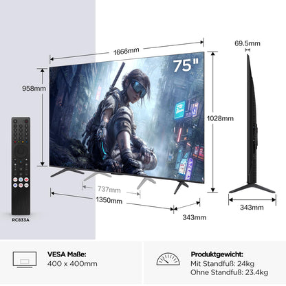 TCL 75T8D 75 Zoll QD-Mini LED 4K Fernseher, 144 Hz, Google TV
