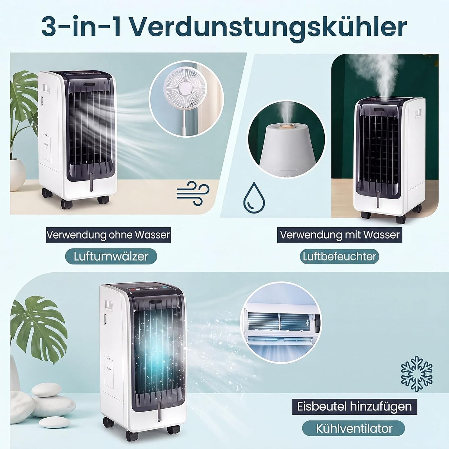 GYMAX 3 in 1 Mobiles Klimagerät, Luftkühler mit Kühlen, Ventilator, Luftreinigung & Luftbefeuchter, 75W Klimaanlage ohne Abluftschlauch mit 3 Geschwindigkeiten, 6L Wassertank, Timer