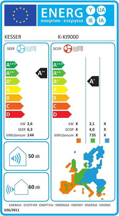 KESSER® Klimaanlage Set Split, WiFi/App Funktion Klimagerät, Kühlen A++/Heizen A+, 9000 BTU/h (2.600W) sehr leise, Kältemittel R32, Fernbedienung, Timerfunktion, Montagematerial, Anthrazit