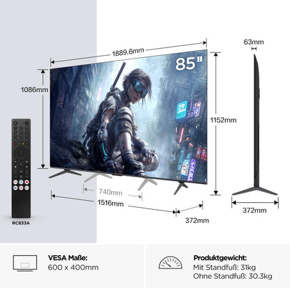 TCL 85T8D 85 Zoll QD-Mini LED 4K Fernseher, 144 Hz, Google TV