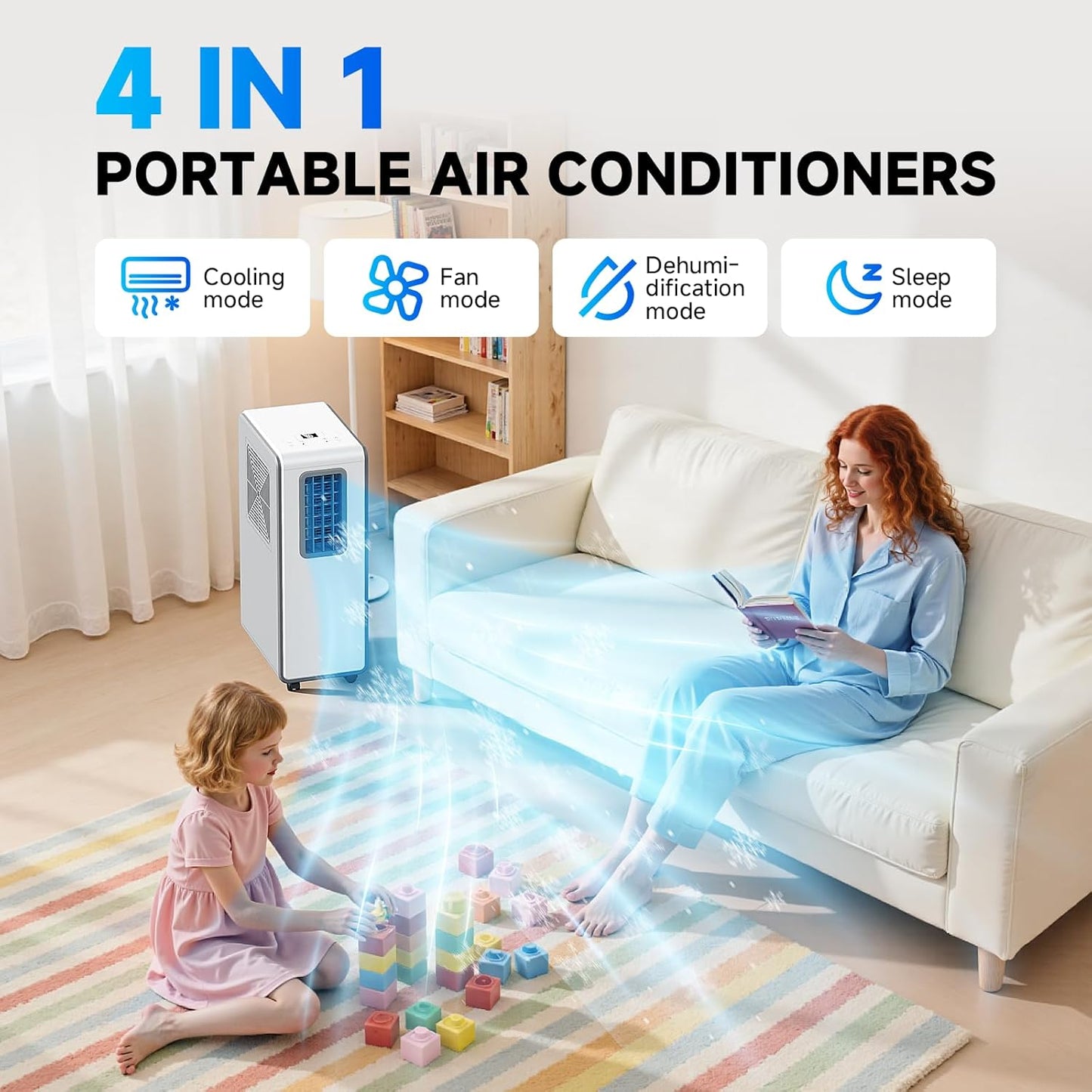 4-in-1 Mobile Klimaanlage& Luftkühler, Klimageräte Luftentfeuchter Belüftung, 24 Timer leise Perfekt für Schlafzimmer und Büro Küche (Reinweiß)
