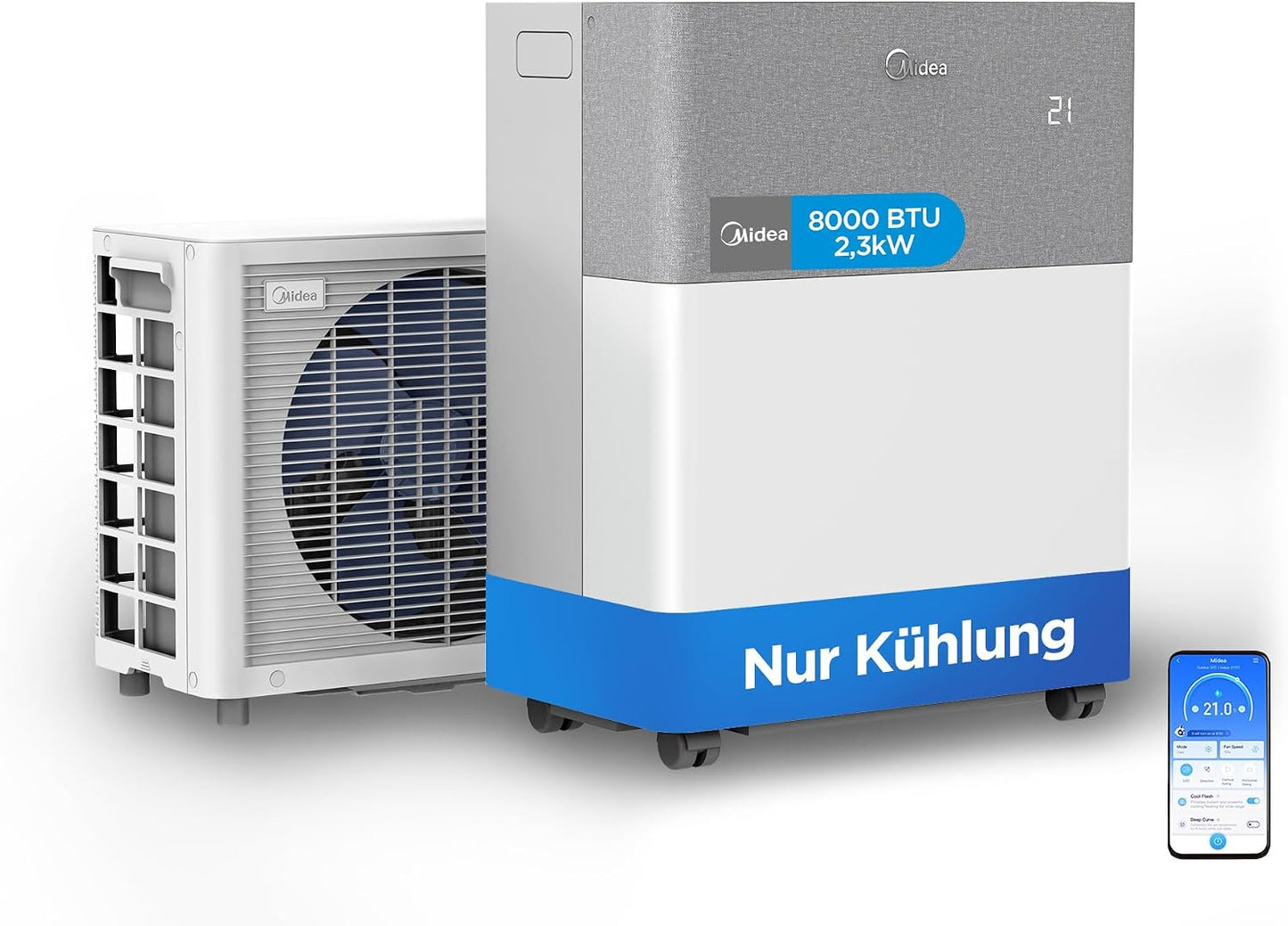 Midea Portasplit Cool Mobile Klimaanlage, nur Kühlung, A++, 8000 BTU 2, 3kW, für Räume bis zu 28 m² / 70 m³, nur 38 dB(A) im Silent-Modus