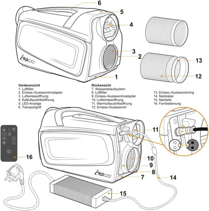 Yolco Mobile Klimaanlage 1500 W, 4-12 m², mit 2 Schläuchen | Mobiles Klimagerät, Monoblock Klimaanlage, 17-30 °C, 46/42 dB(A), 180/140 m³/h, Bluetooth 5.0, R290