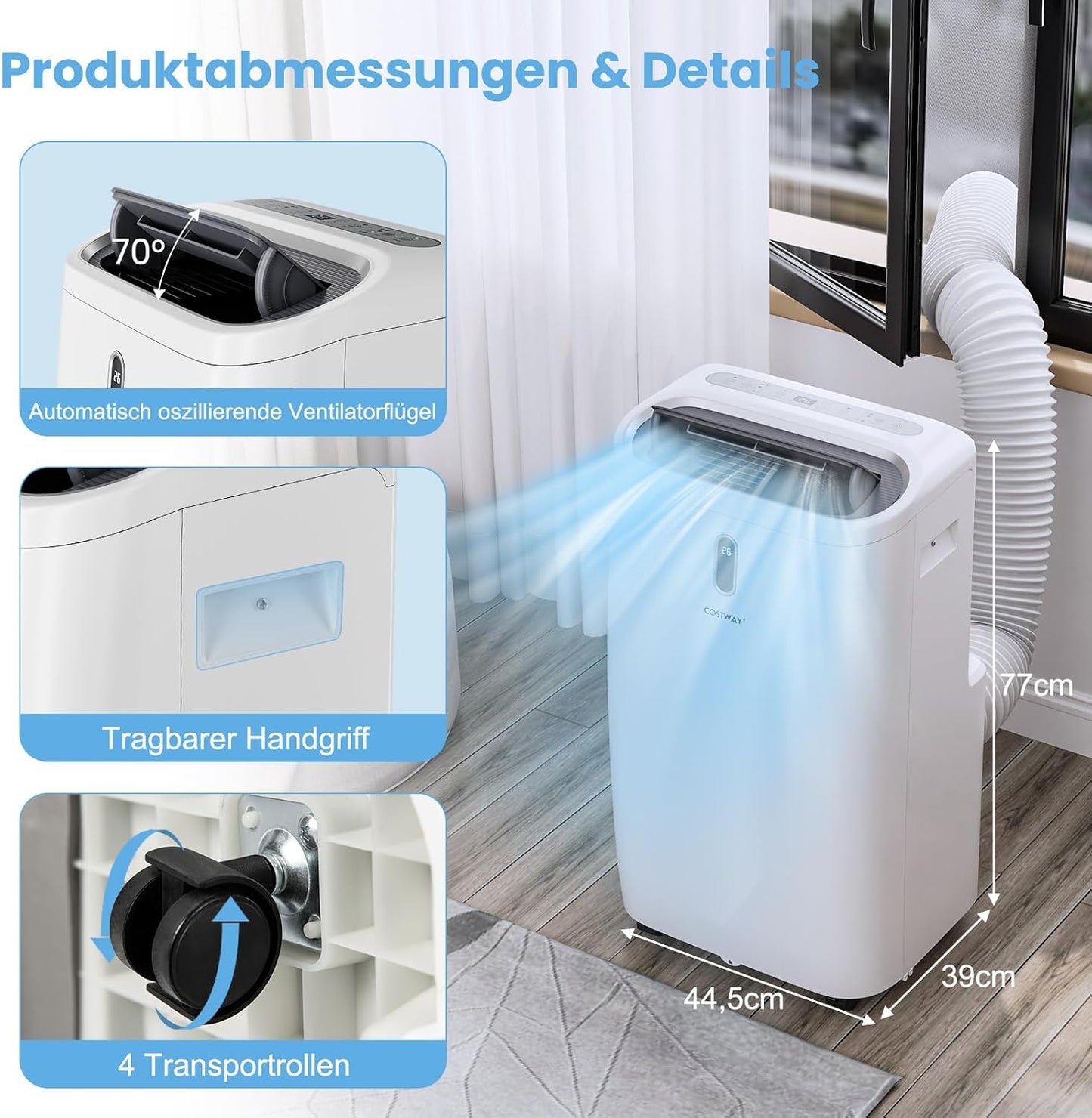 COSTWAY Klimaanlage mobil 16000BTU, Klimagerät mit Abluftschlauch | 5 in 1 Kühlen & Heizen & Entfeuchten & Schlafmodus für Räume bis zu 150 m³, Fernbedienung/App, 24H Timer, 4700W, ≤57dB