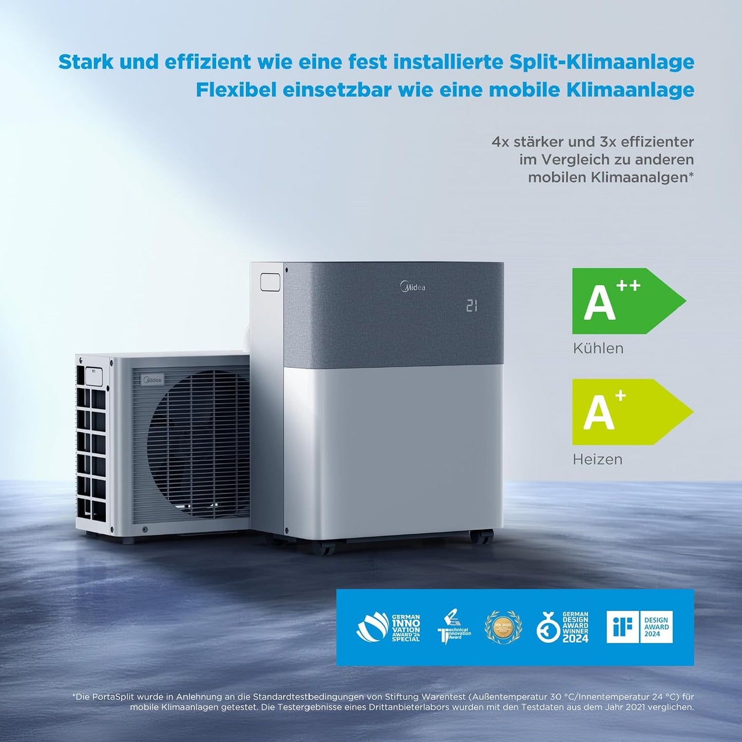 Midea Portasplit Mobile Wärmepumpe, Klimaanlage, Kühlen A++/Heizen A+, 12000 BTU 3, 5kW, für Räume bis zu 42 m² / 105 m³, nur 39 dB(A) im Silent-Modus