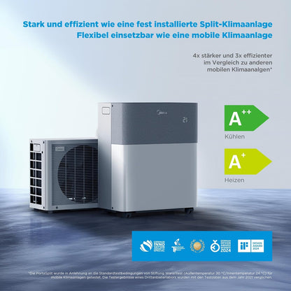 Midea Portasplit Mobile Wärmepumpe, Klimaanlage, Kühlen A++/Heizen A+, 12000 BTU 3, 5kW, für Räume bis zu 42 m² / 105 m³, nur 39 dB(A) im Silent-Modus