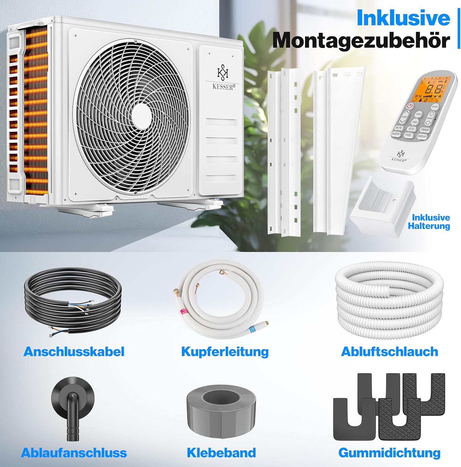 KESSER® Klimaanlage Set Split, WiFi/App Funktion Klimagerät, Kühlen A++/Heizen A+, 9000 BTU/h (2.600W) sehr leise, Kältemittel R32, Fernbedienung, Timerfunktion, Montagematerial, Anthrazit