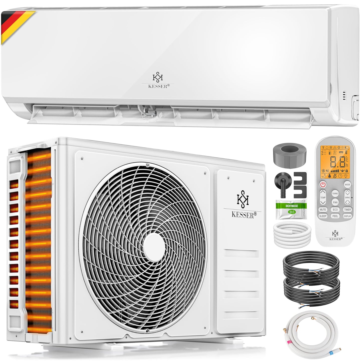 KESSER® Klimaanlage Set Split, WiFi/App Funktion Klimagerät, Kühlen A++/Heizen A+, 9000 BTU/h (2.600W) sehr leise, Kältemittel R32, Fernbedienung, Timerfunktion, Montagematerial, Anthrazit