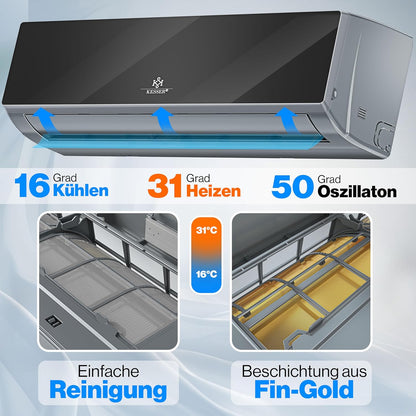 KESSER® Klimaanlage Set Split, WiFi/App Funktion Klimagerät, Kühlen A++/Heizen A+, 9000 BTU/h (2.600W) sehr leise, Kältemittel R32, Fernbedienung, Timerfunktion, Montagematerial, Anthrazit