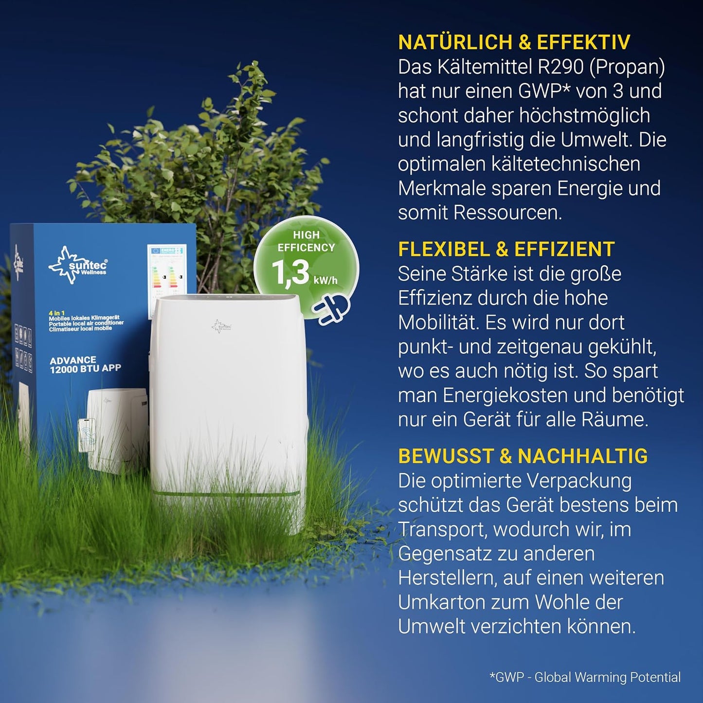 Suntec Wellness Mobiles Klimagerät Advance 12000 BTU APP - Klimaanlage mobil und leise mit Smart App Steuerung – Entfeuchter für Räume bis 60 qm – Mobile Kühlung & Heizung für zuhause – 12.000 BTU