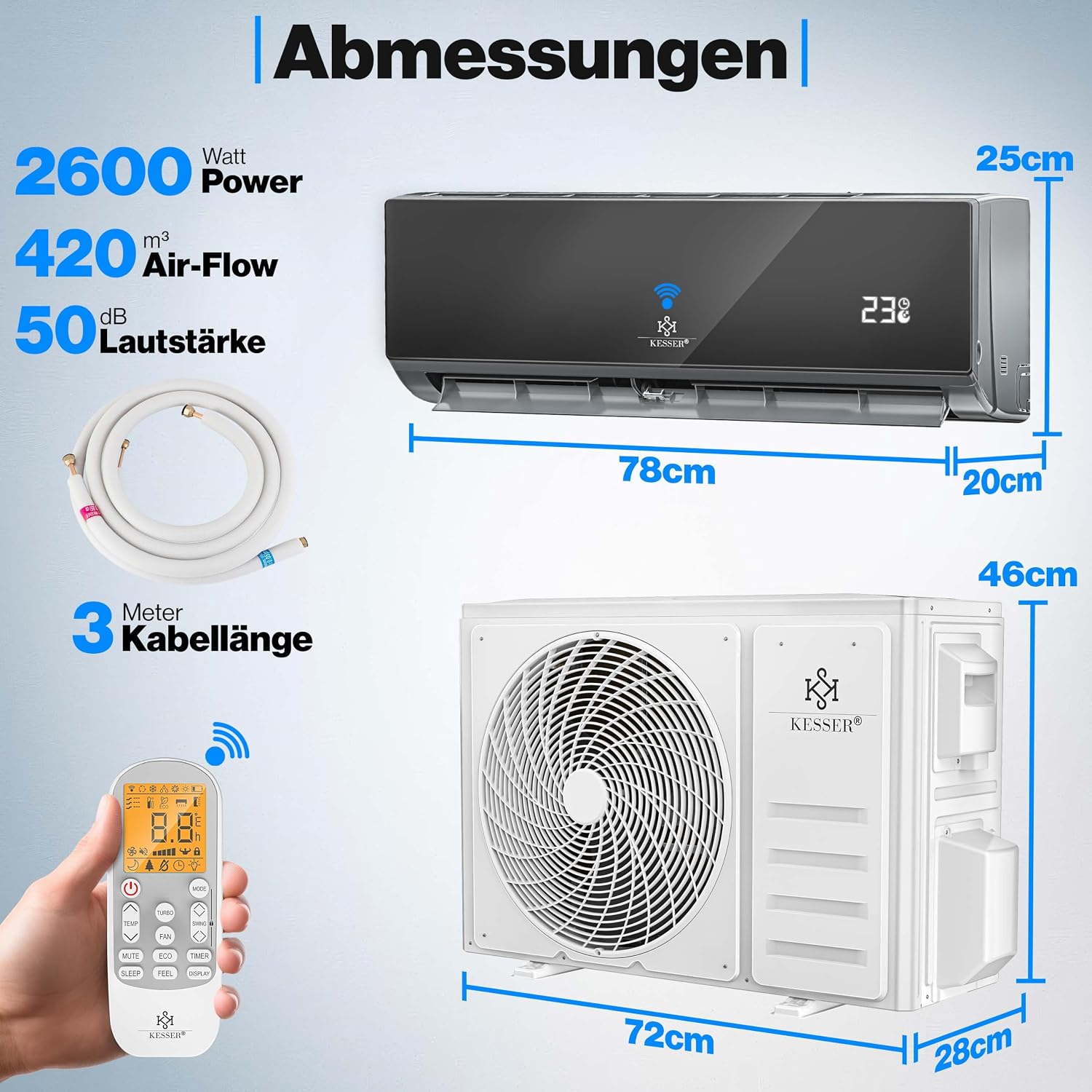KESSER® Klimaanlage Set Split, WiFi/App Funktion Klimagerät, Kühlen A++/Heizen A+, 9000 BTU/h (2.600W) sehr leise, Kältemittel R32, Fernbedienung, Timerfunktion, Montagematerial, Anthrazit
