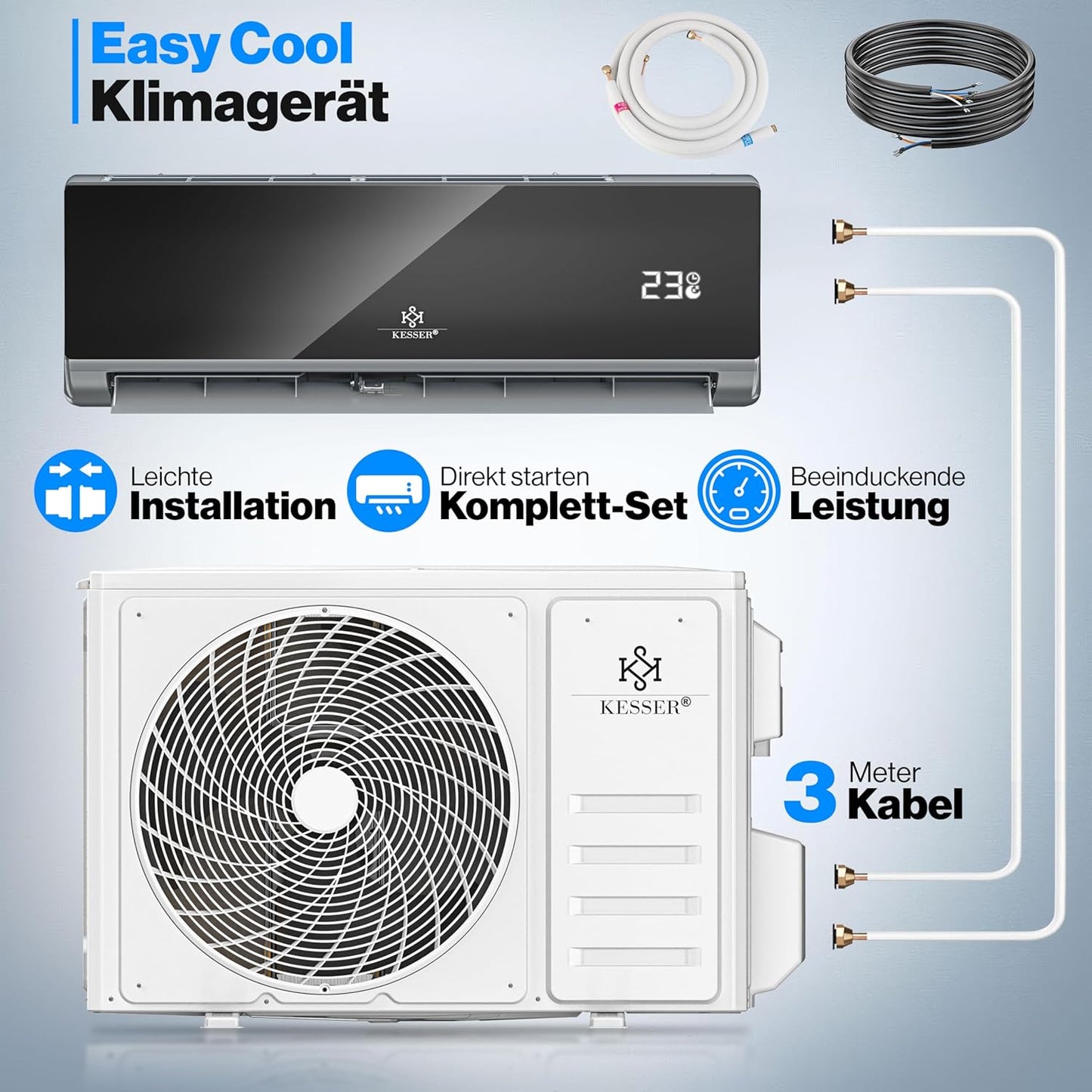 KESSER® Klimaanlage Set Split, WiFi/App Funktion Klimagerät, Kühlen A++/Heizen A+, 9000 BTU/h (2.600W) sehr leise, Kältemittel R32, Fernbedienung, Timerfunktion, Montagematerial, Anthrazit