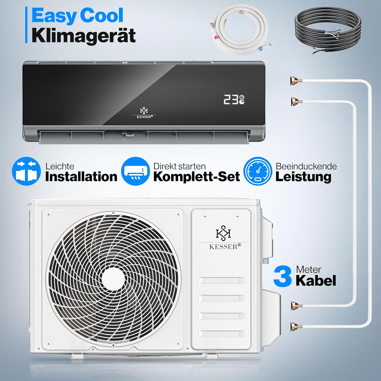 KESSER® Klimaanlage Set Split, WiFi/App Funktion Klimagerät, Kühlen A++/Heizen A+, 9000 BTU/h (2.600W) sehr leise, Kältemittel R32, Fernbedienung, Timerfunktion, Montagematerial, Anthrazit