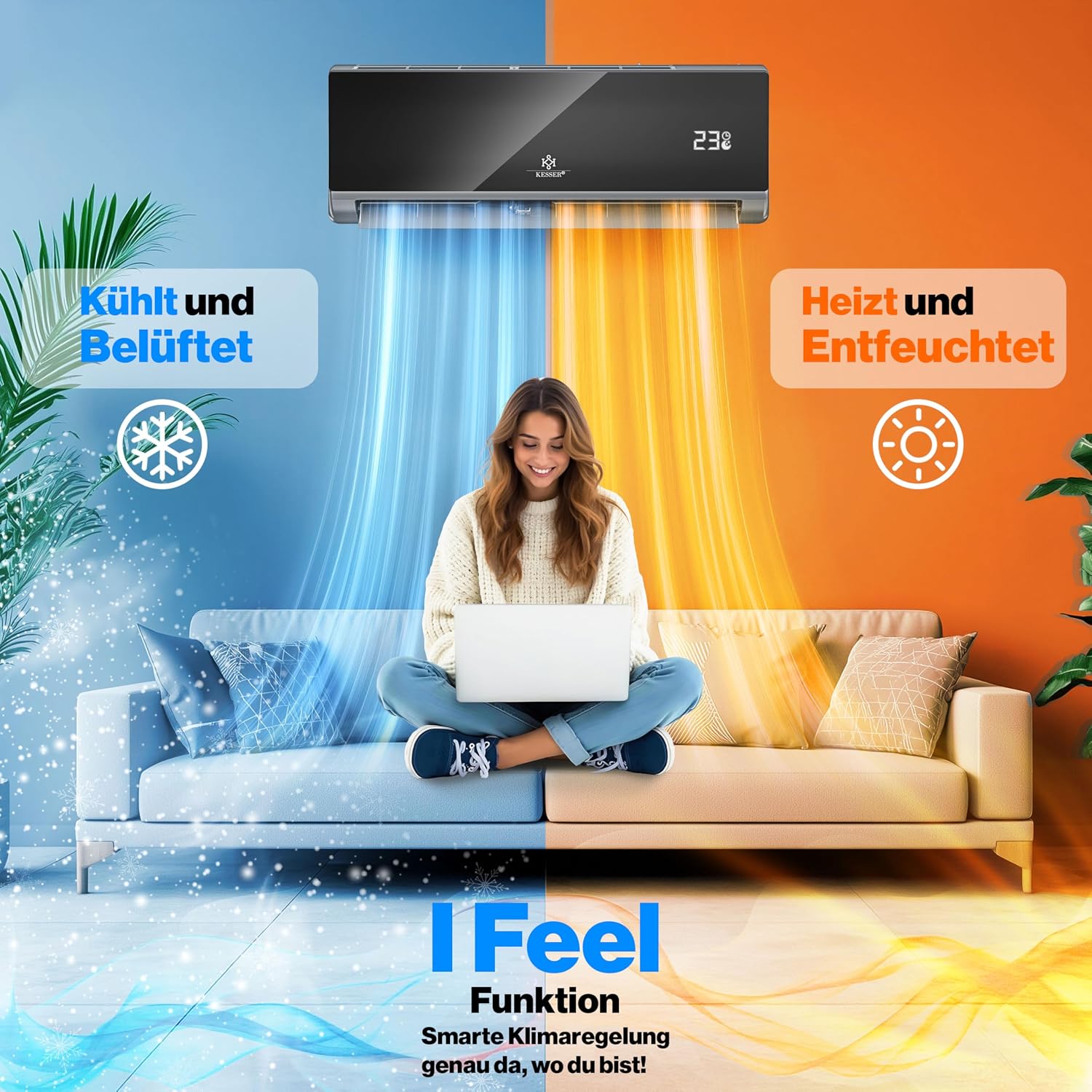 KESSER® Klimaanlage Set Split, WiFi/App Funktion Klimagerät, Kühlen A++/Heizen A+, 9000 BTU/h (2.600W) sehr leise, Kältemittel R32, Fernbedienung, Timerfunktion, Montagematerial, Anthrazit