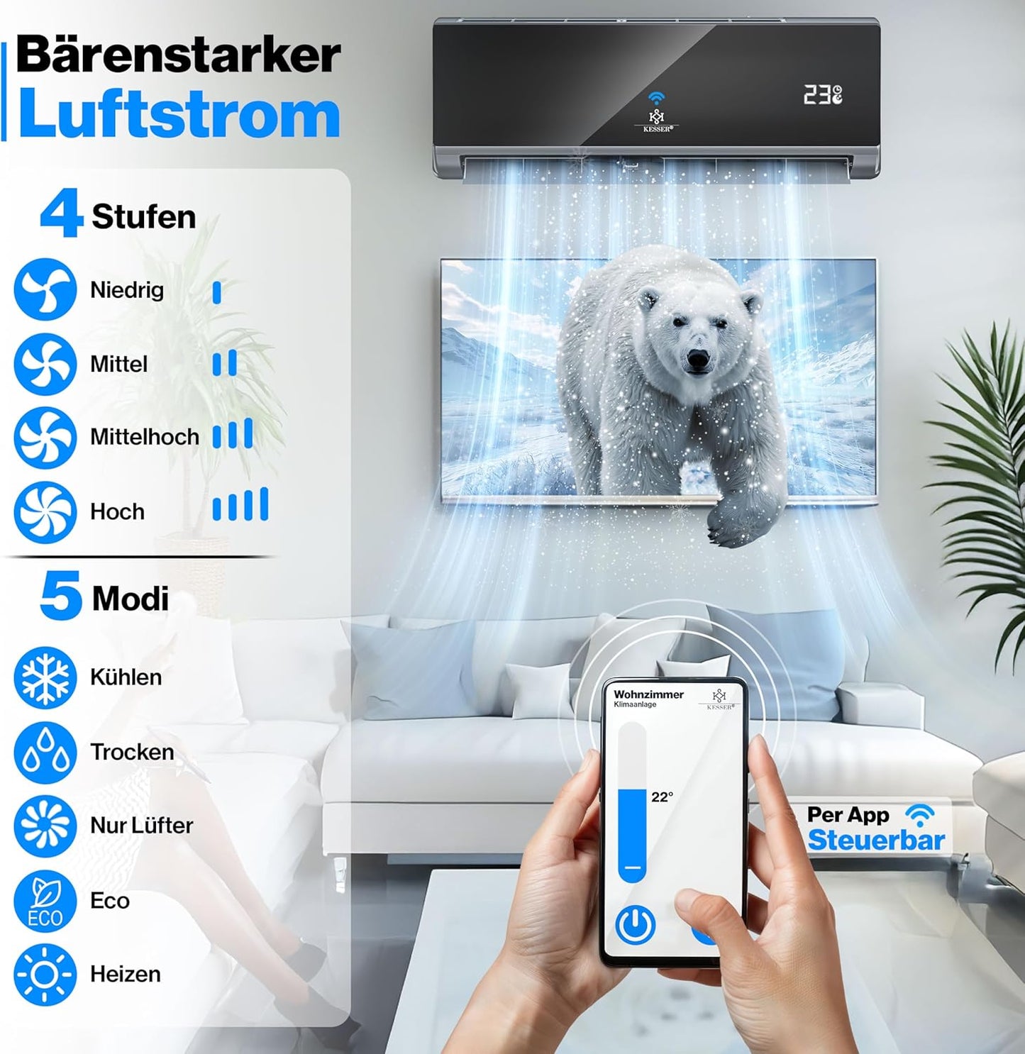 KESSER® Klimaanlage Set Split, WiFi/App Funktion Klimagerät, Kühlen A++/Heizen A+, 9000 BTU/h (2.600W) sehr leise, Kältemittel R32, Fernbedienung, Timerfunktion, Montagematerial, Anthrazit