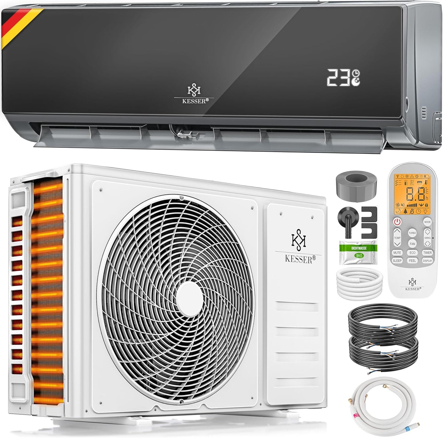 KESSER® Klimaanlage Set Split, WiFi/App Funktion Klimagerät, Kühlen A++/Heizen A+, 9000 BTU/h (2.600W) sehr leise, Kältemittel R32, Fernbedienung, Timerfunktion, Montagematerial, Anthrazit