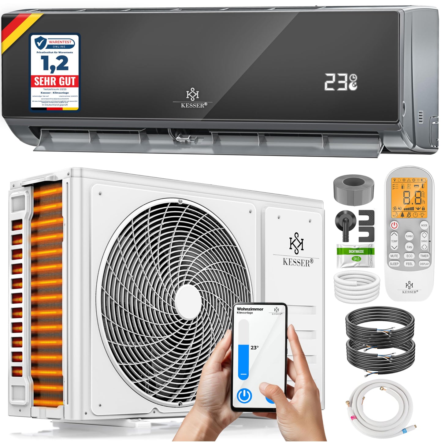 KESSER® Klimaanlage Set Split, WiFi/App Funktion Klimagerät, Kühlen A++/Heizen A+, 9000 BTU/h (2.600W) sehr leise, Kältemittel R32, Fernbedienung, Timerfunktion, Montagematerial, Anthrazit